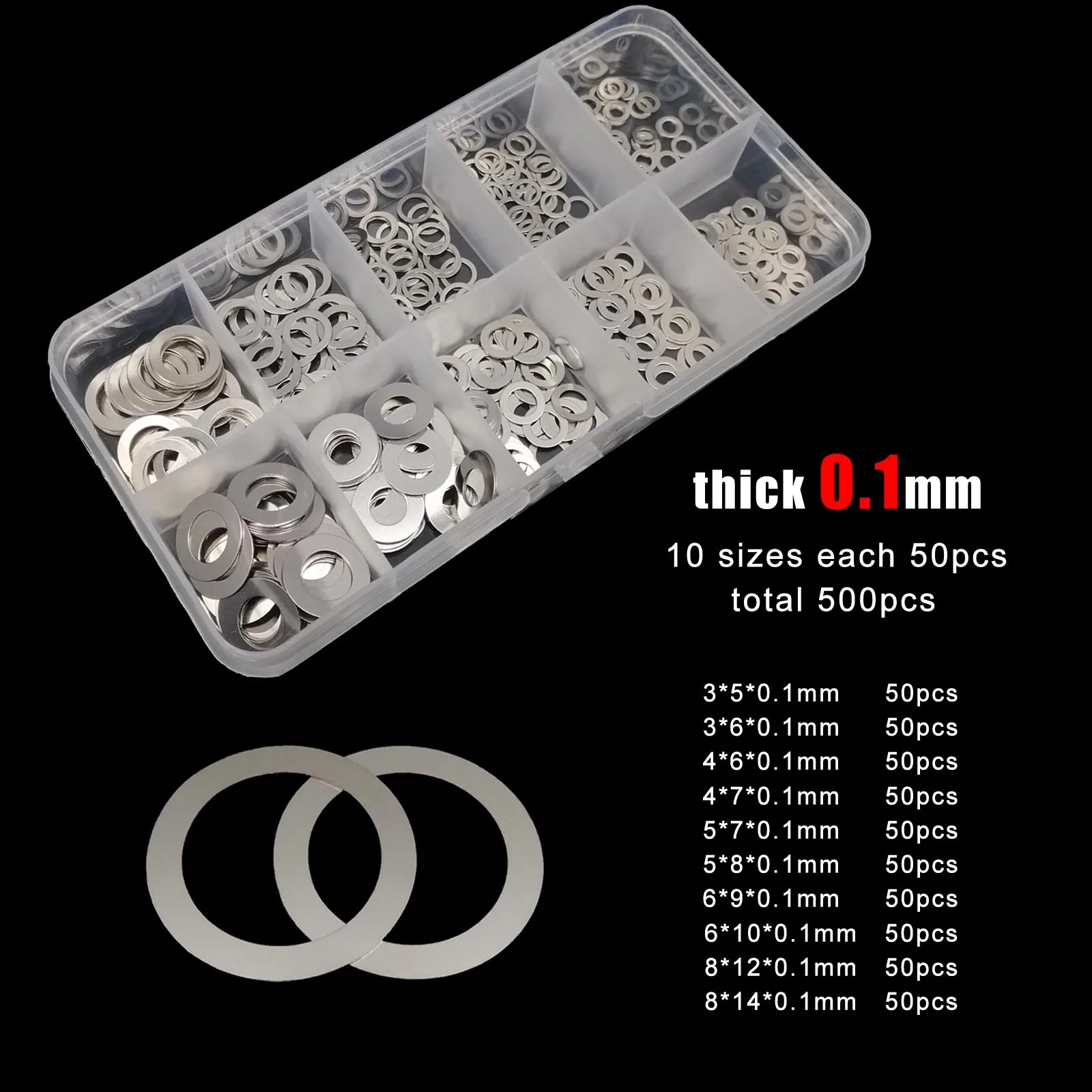 500/1200pcs M3 M4 M5 M6 M8 0.1 0.2 0.3mm 304 Stainless Steel Ultra Thin Flat Washer Plain Ultrathin Adjusting Shim Set Kit Box image 2