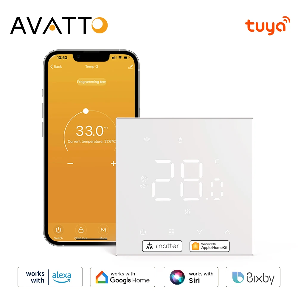 

Умный термостат AVATTO Tuya Wi-Fi, матовый электрический подогрев пола, температура воды/газового котла для Alexa Google Apple Smartthings