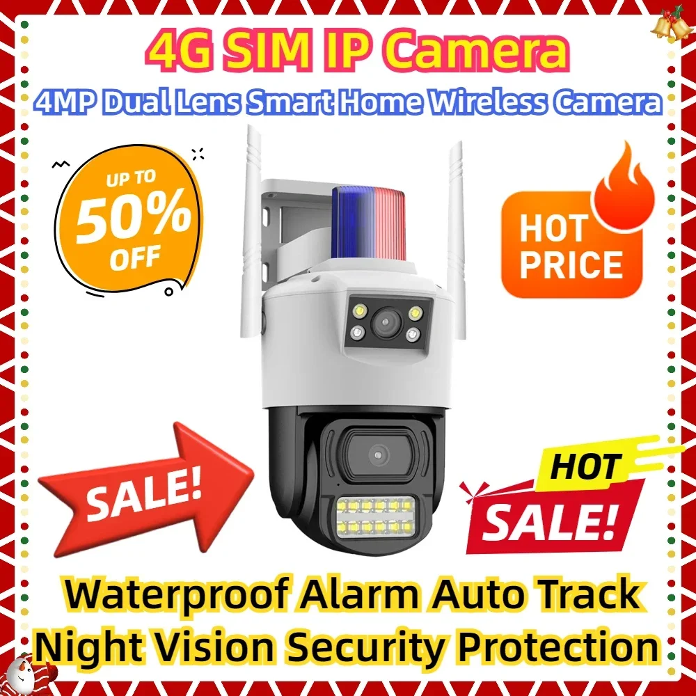 

4MP Dual Lens Smart Home Wireless Camera Waterproof Alarm Auto Track Night Vision Security Protection 4G SIM IP Camera