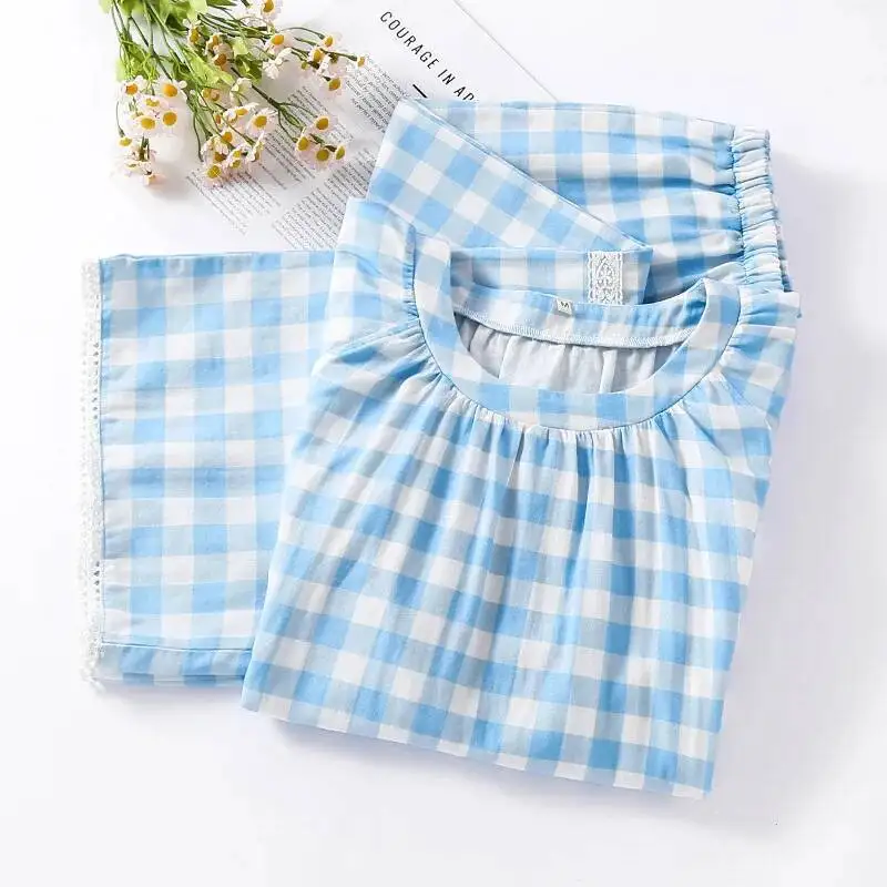 

Хлопковый двухслойный марлевый пижамный комплект, женские длинные брюки с маленькими летящими рукавами, летние тонкие пижамы для женщин