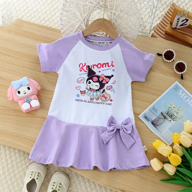 Anime Sanrios Children's Summer Dress Kuromi Girls Cotton Short Sleeve Skirt Cute Pleated Skirt Preppy Style New Kids Clothes