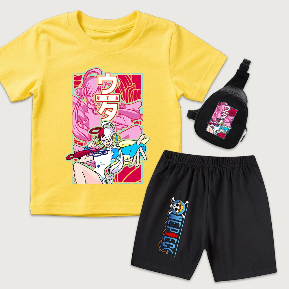One Piece Uta Anime Print Cotton T Shirt Shorts Mini Chest Bag 3 Piece Set for Kids Boys Girls Summer Casual Outfit view 6