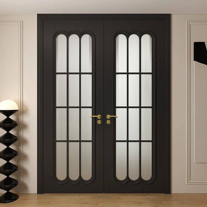 French retro black solid wood bedroom room double door Changhong glass folio wooden door