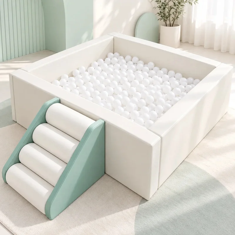 Premium White Pastel Green Soft Play Ball Pit With Roller Steps Custom Kids Ocean Ball Pool Indoor Outdoor Playground Equipment
