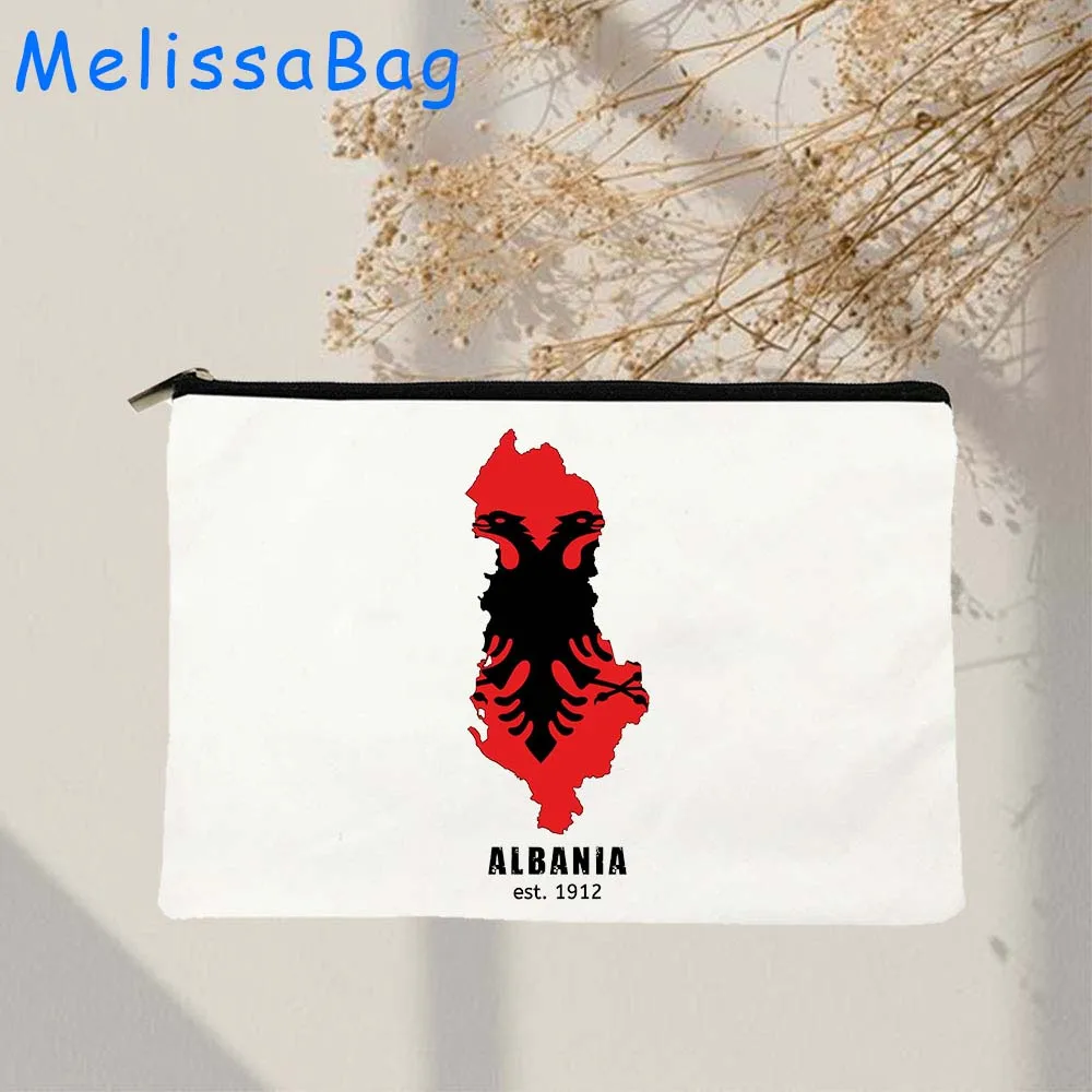 Tirana-Berat Albania Country Map Flag Heart Gifts Canvas Cosmetic Bags, Makeup Storage Card Bag, School Pencil Case Zipper