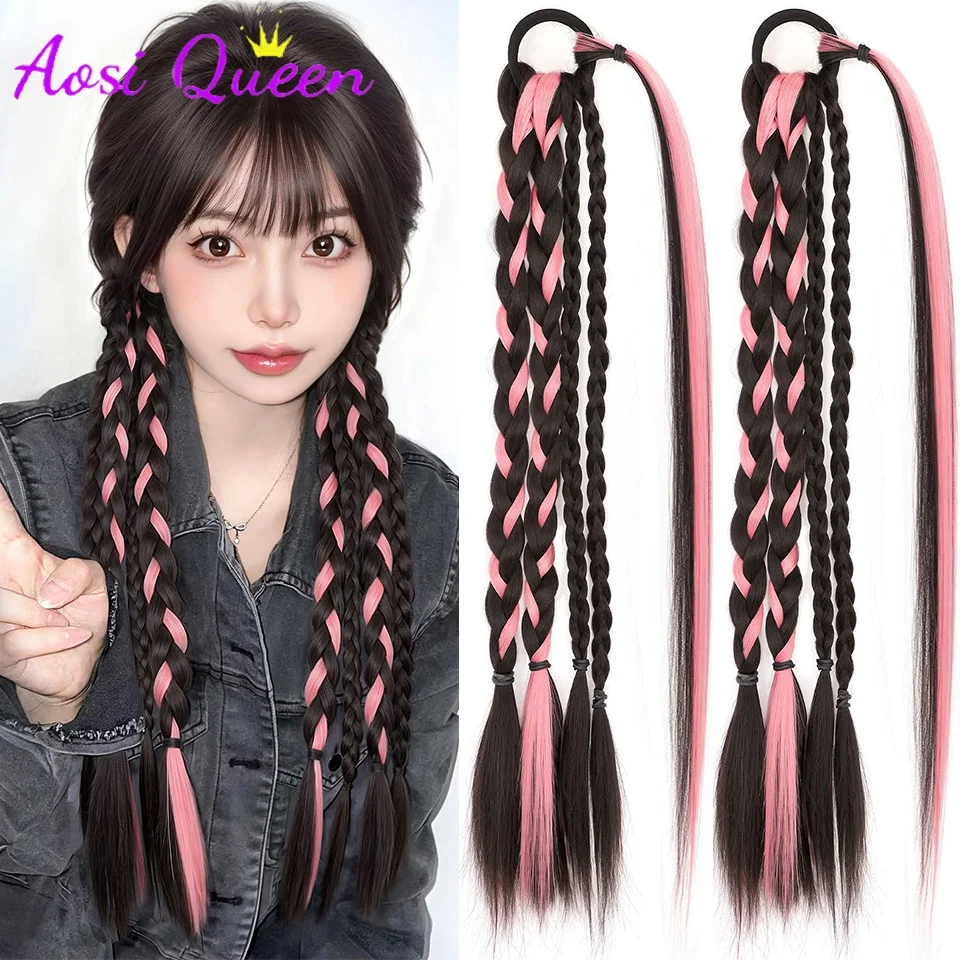 2PC Highlighting Colorful Wig Braids Hair Rings Ponytail Sweet Cool Twist Long Braids Hair Tie For Girls Women