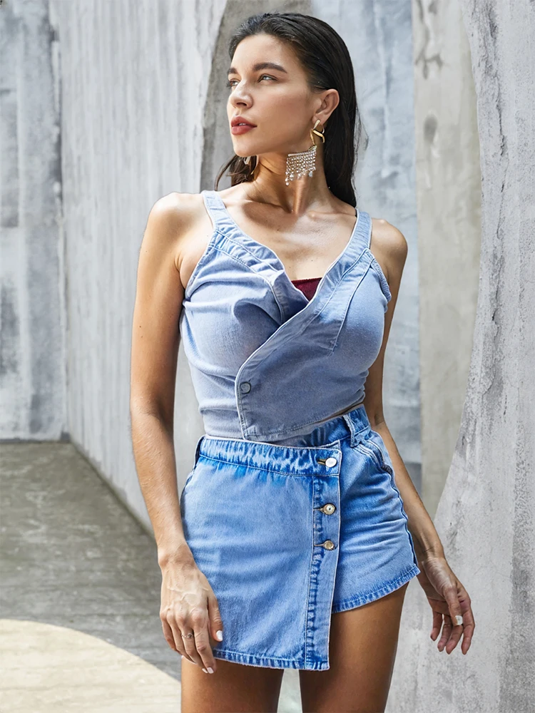 Women's Denim Shorts Light Blue & Button front Asymmetric Design High - waisted Fashion Staple Y2K style