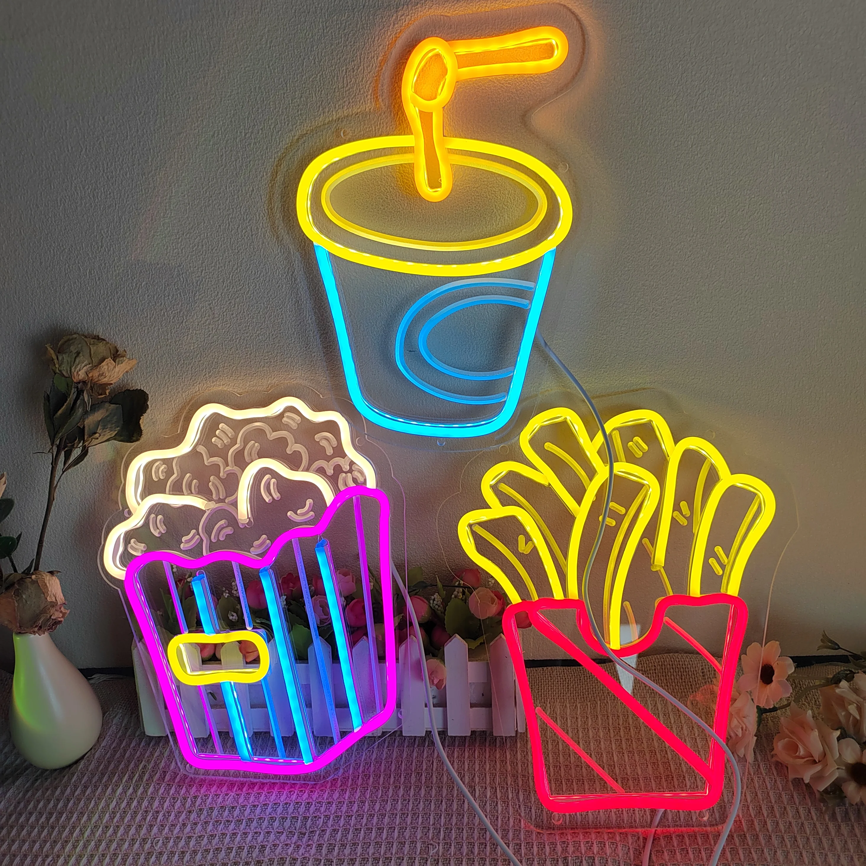 Business Neon Light Led Lights French Fries Popcorn Sign For Restaurant Eating House Decor Wall Neon Sign Fast Food Shop Cinema