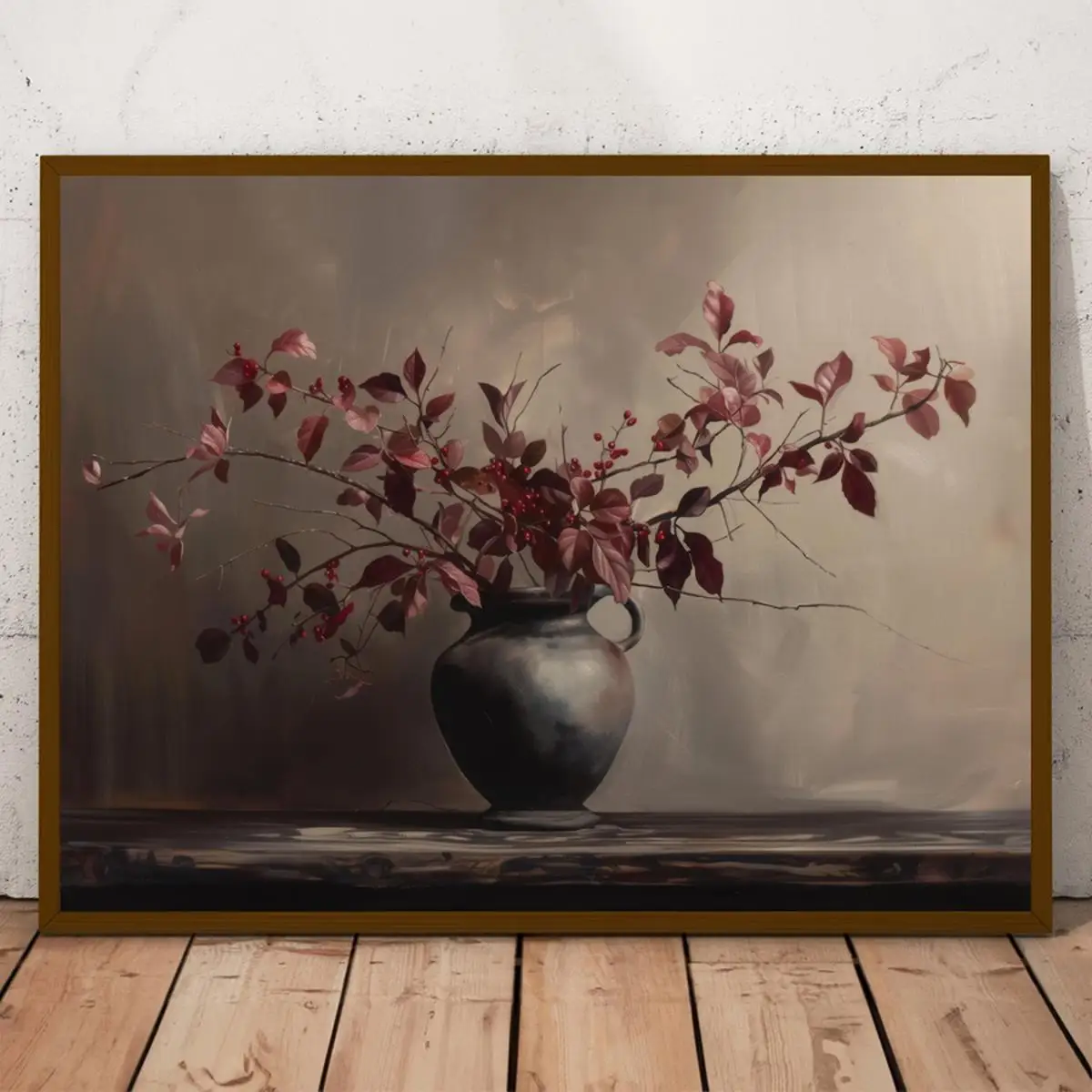 2D Flat, 2D Flat, an Emotionally Charged Burgundy Floral Canvas Poster - a Vintage Style Art Decor Wall Hanging, Modern Retro