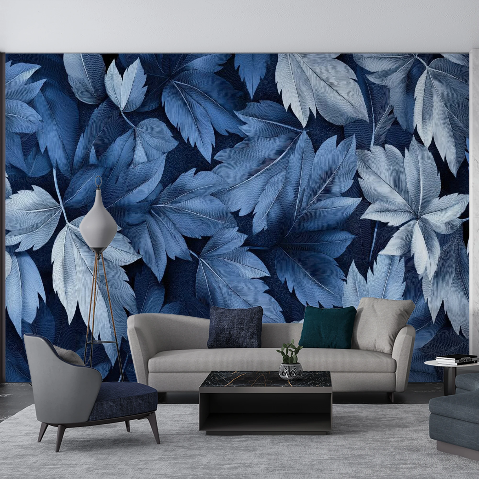 Custom Mural Wallpaper Dark Blue Maple Leaf Wall Mural, Vintage Botanical Foliage Wallpaper for Living Room Bedroom Decor
