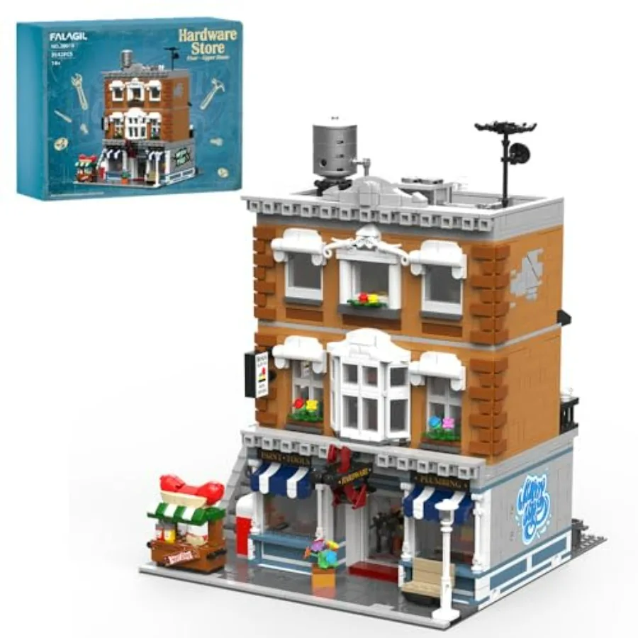 

Винтажный американский магазин строительных материалов: 3-этажный модульный набор для сборки уличной сцены с тележкой для хот-догов, 7 фигурок, 3642 детали, для взрослых