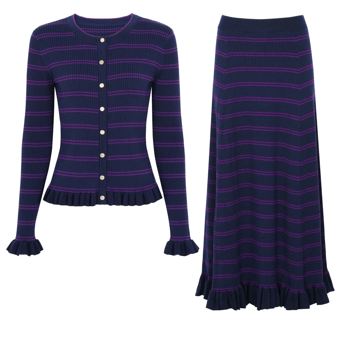 High Quality Women Two Piece Set Striped Long Sleeve Cardigan And Skirt Autumn New Fashion Outfits