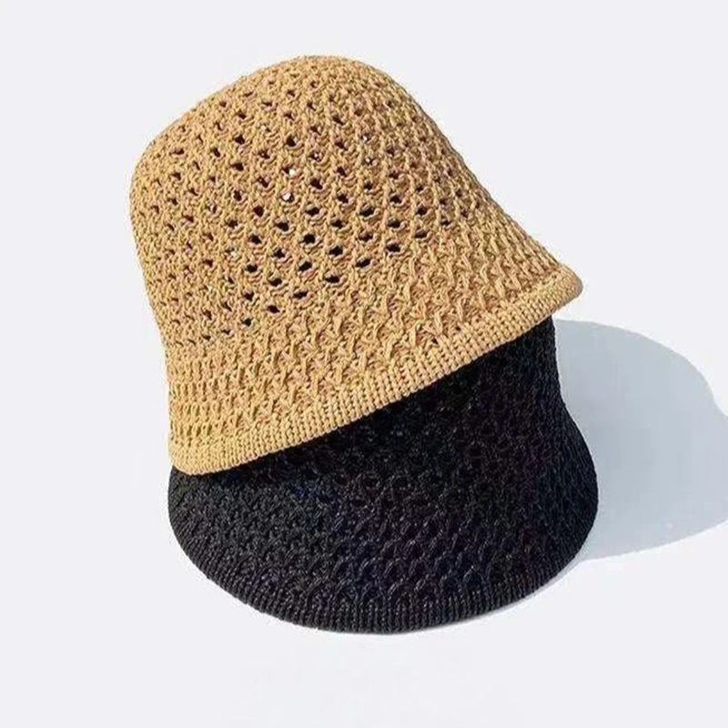 Bucket Hat Spring Summer Hollow Knitted Hat Solid Color Sunhat Fisherman Caps Casual Foldable Beach Cap