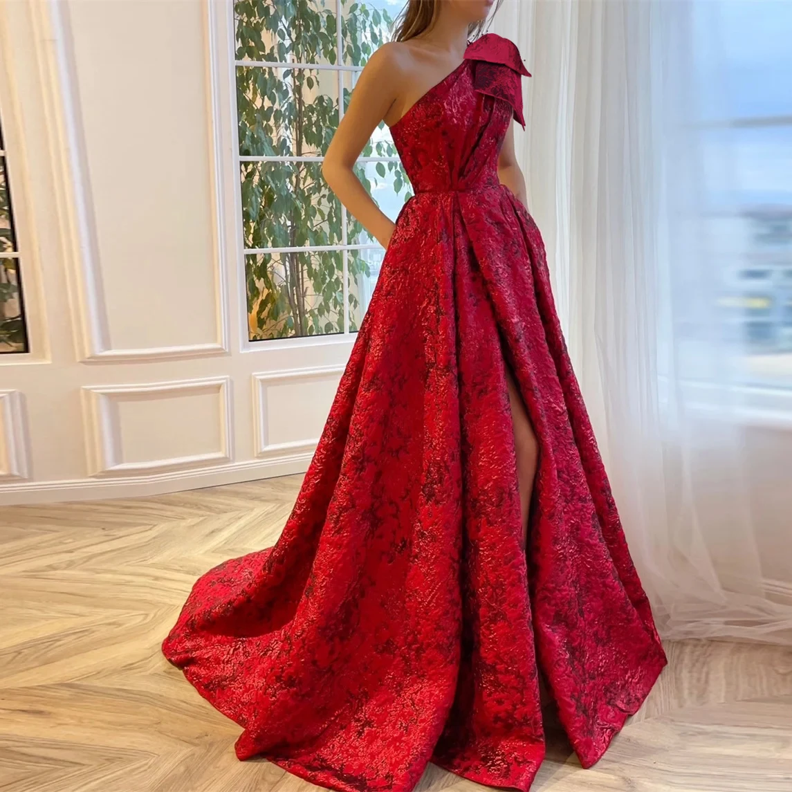 Elegant One Shoulder Red Chic Bow Women Printing Flower Prom Dresses Long Ball Gown Formal Evening robes de soirée فساتين سهرة