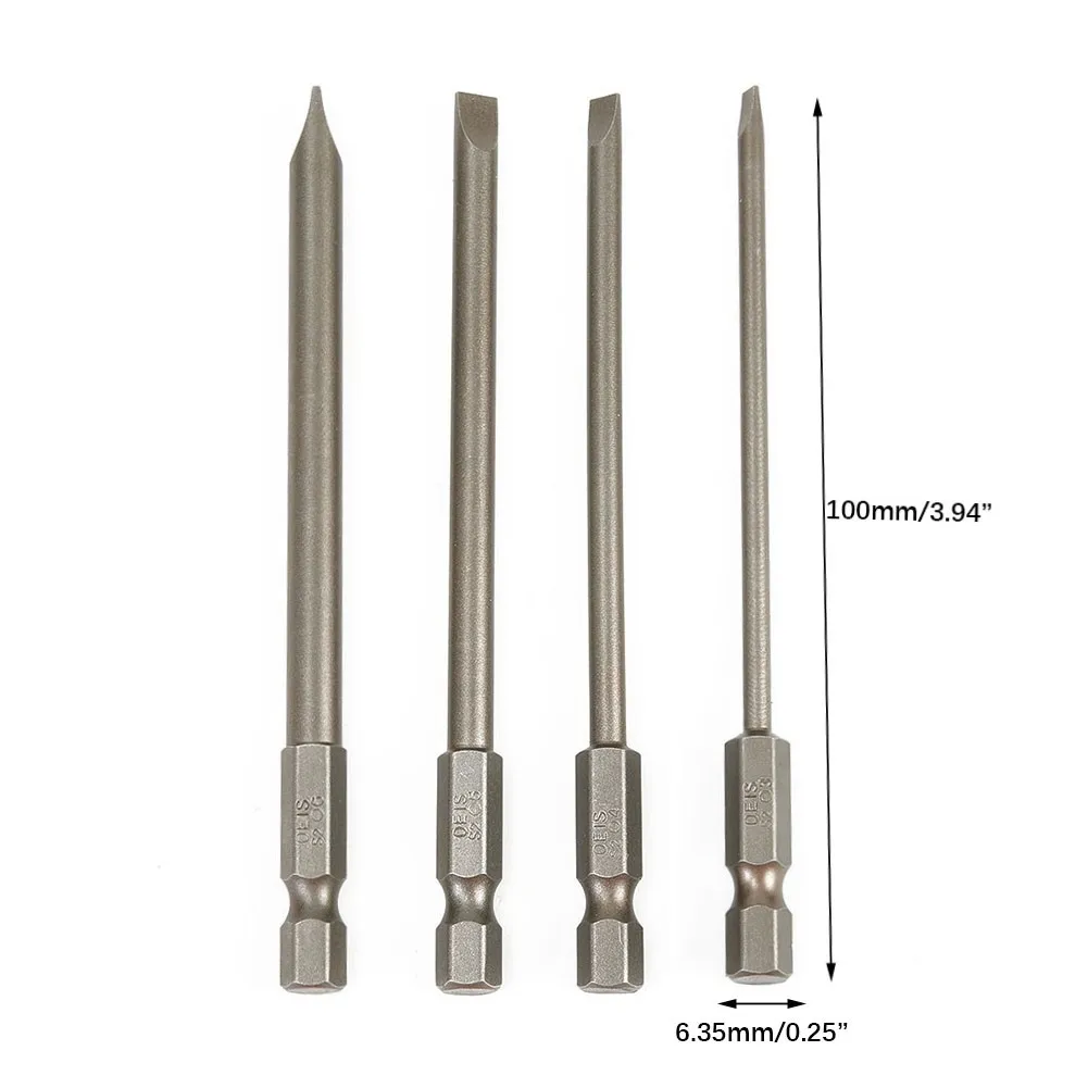 4Pcs 100mm Slotted Screwdriver Bit 3mm-6mm Magnetic Flat Head 1/4