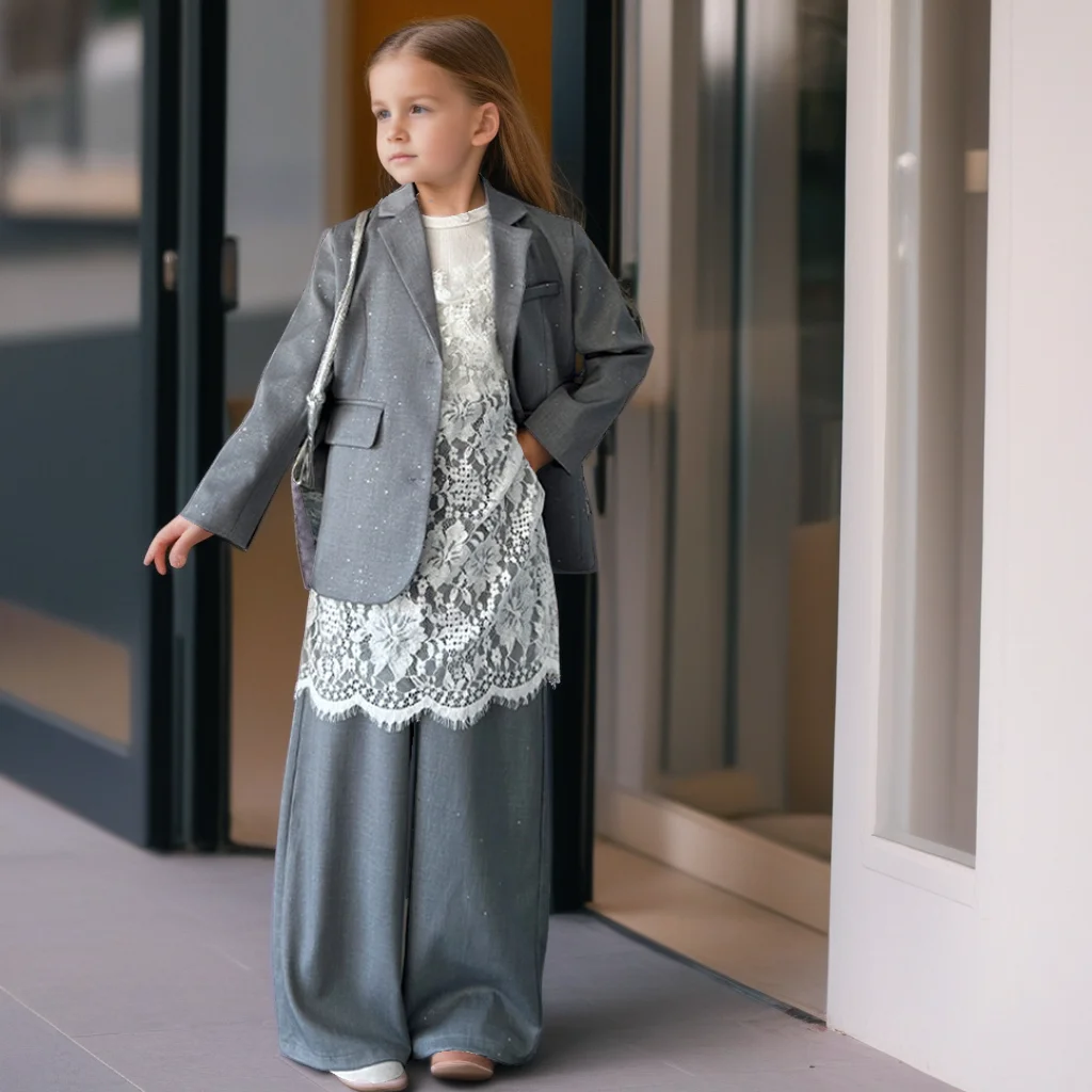 

Весенне-осенний костюм для девочек, модный пиджак серебристого цвета, брюки, стильный комплект из двух предметов для подростков, детский наряд, модные детские костюмы