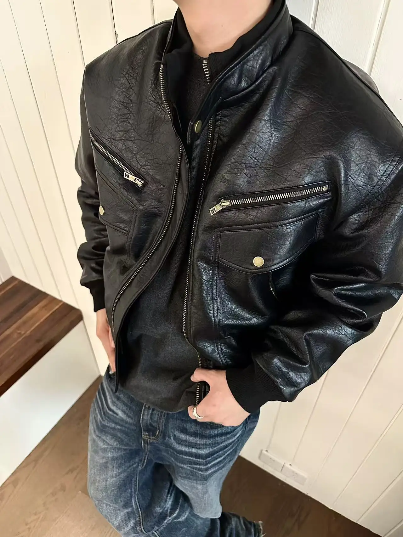 

Ретро-американская утепленная куртка из искусственной кожи с эффектом личи и хлопковым утеплителем, жилет для мужчин и женщин, осенне-зимняя, стильная мотоциклетная одежда