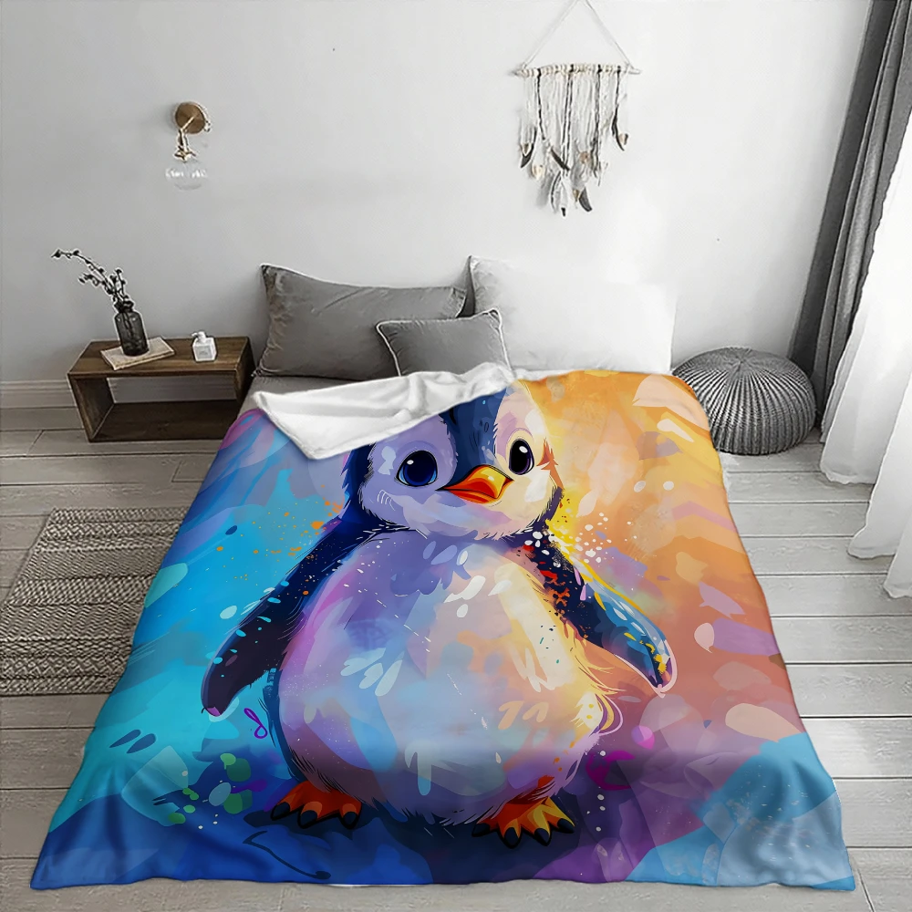 Cute Watercolor Penguin Soft Fleece Blanket, Bright Colorful Artistic Design, Great for Home Decor & Gifting, Warm Multi-Purpose
