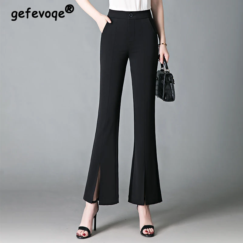 

Women Summer Solid Slit Elegant Flared Suit Pants Trendy Slim High Waist Business Casual Office Lady Cropped Trousers Pantalones