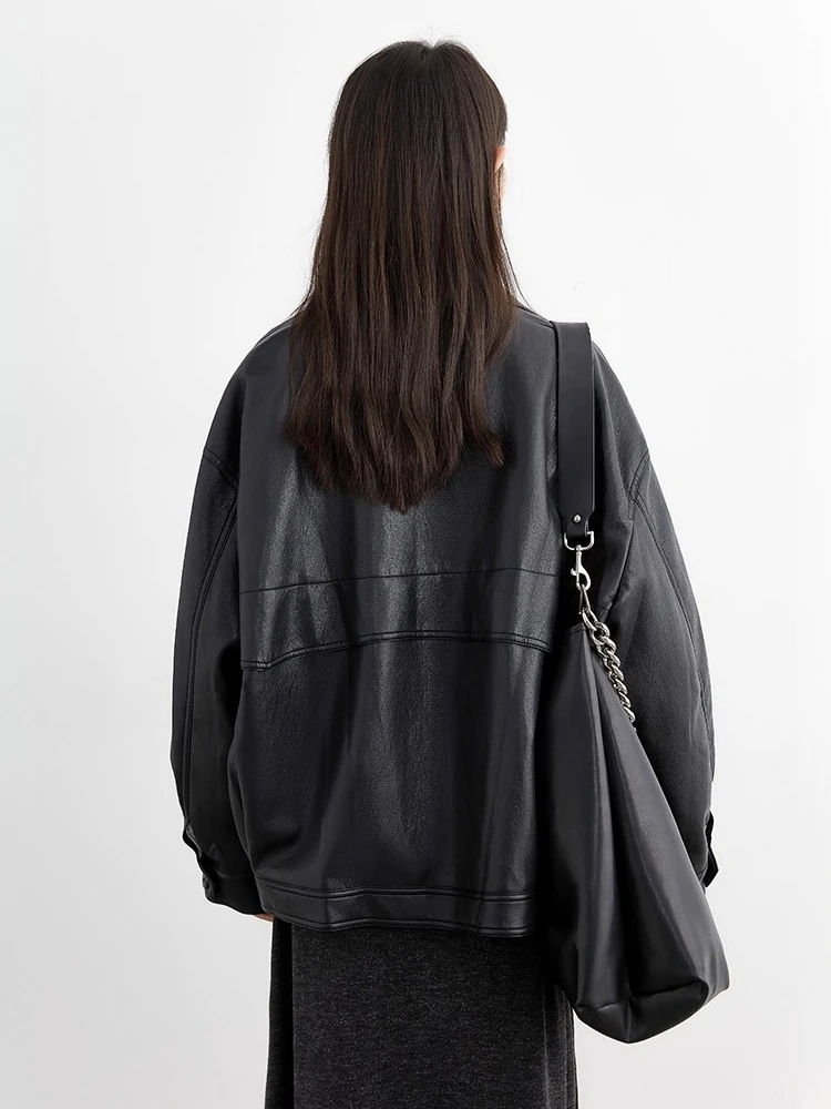 CHIC VEN レディース フェイクレザージャケット 新レトロ バイク風 ルーズ ダブルブレスト PU 女性用ジャケット 秋冬 2025 オーバーサイズ アウター