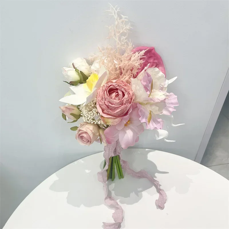 Photo Studio Photo Fake Flower Certificate Registration Bouquet Premium Rose Simulation Bouquet Pink Bridal Bouquet