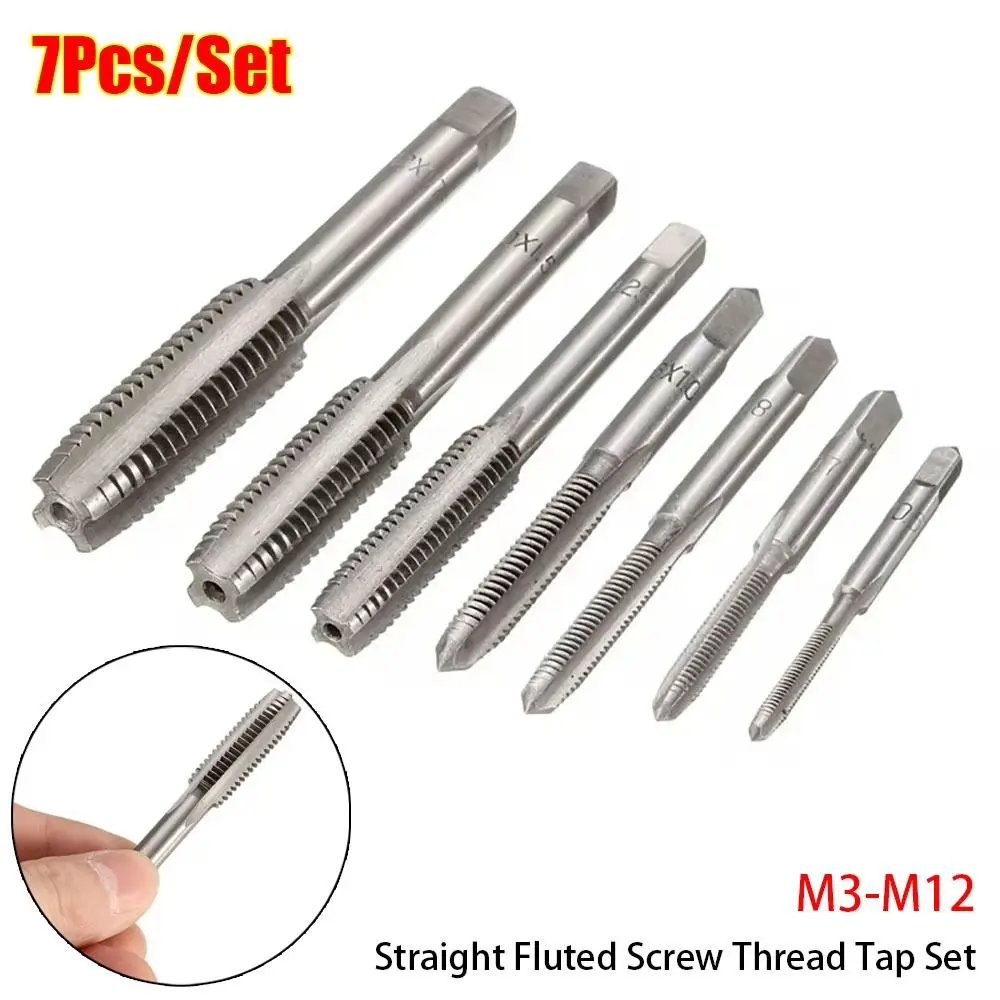 7Pcs/set Straight Fluted Screw Thread Tap Set Square Shank Hand Tools Plug Tap Drill Bits Set Metric HSS M3-M12 Tapping Tool Set