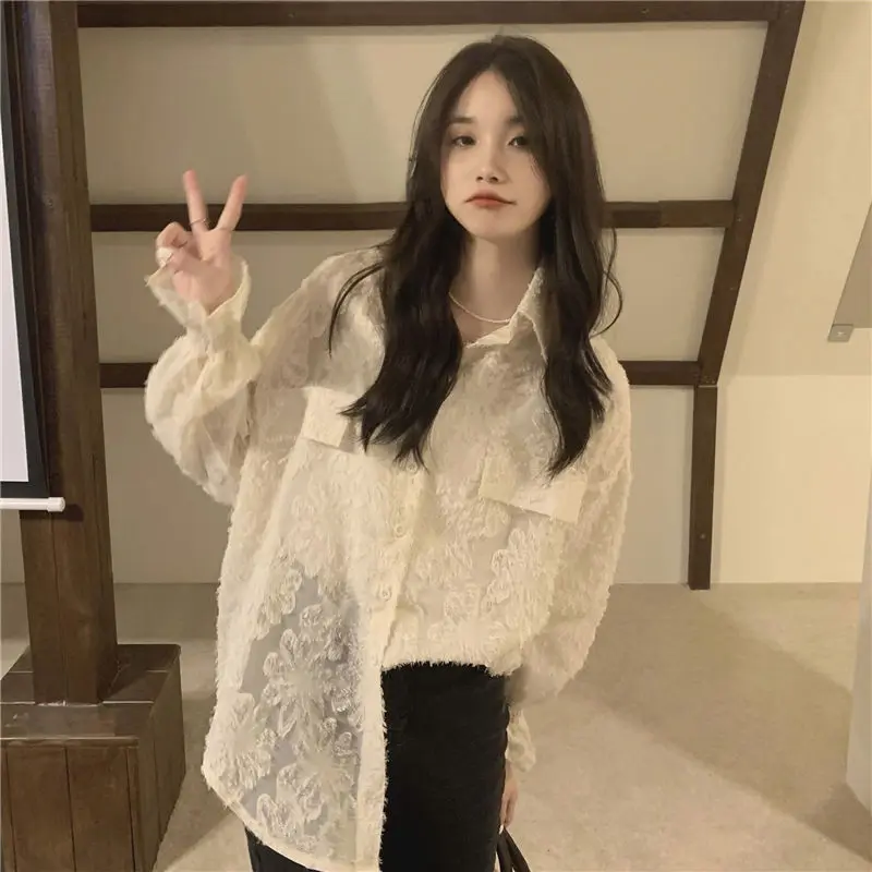 Korean Polo Neck Puff Sleeve Loose Casual Shirt Summer Loose Thin Long Sleeve Protection Shirt Fashion Elegant Women Clothing