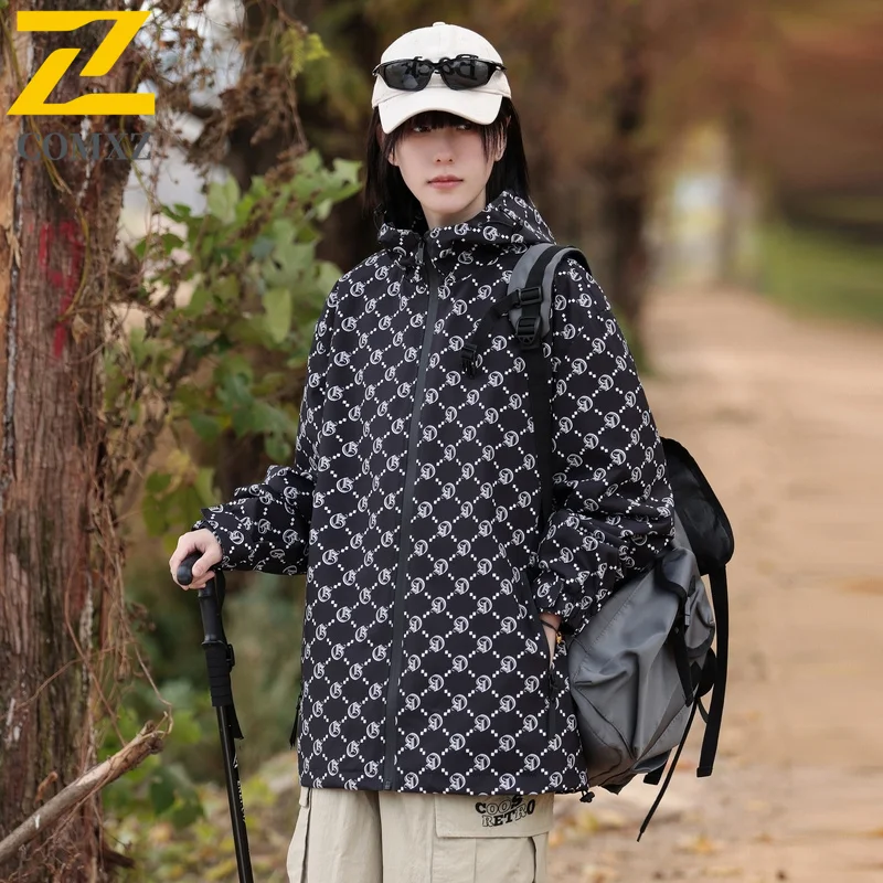 

EiAO Jacket Couple's Graphic Print Hoodie Waterproof Windproof Streetwear Coat Oversized Outdoor for Hiking Camping Fishing 2025