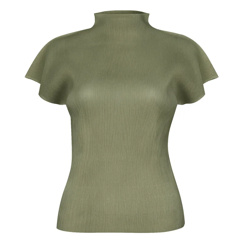 Casual Office Women Pleated Top Miyake Style Half Turtleneck Cap Sleeve Stretchy Solid Pleats Shirt