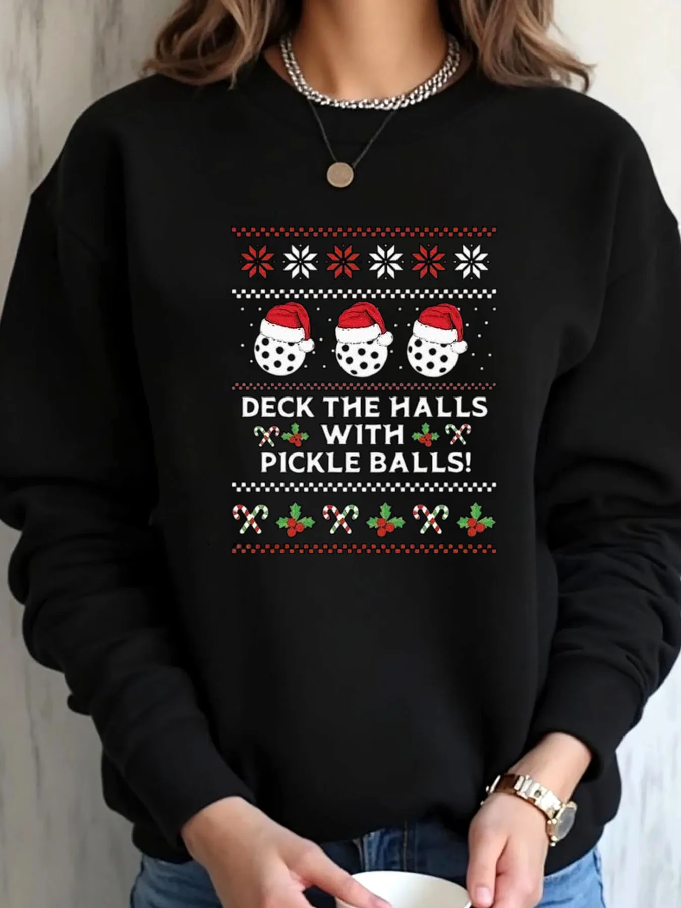 Women Oversized Sweatshirt Christmas Pickle Balls Print Outdoor Wear