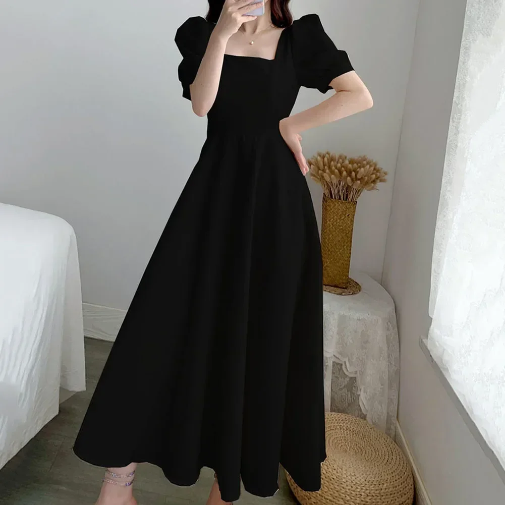 パフスリーブのエレガントなドレス,スクエアカラー,Aライン,カジュアル,無地,韓国語