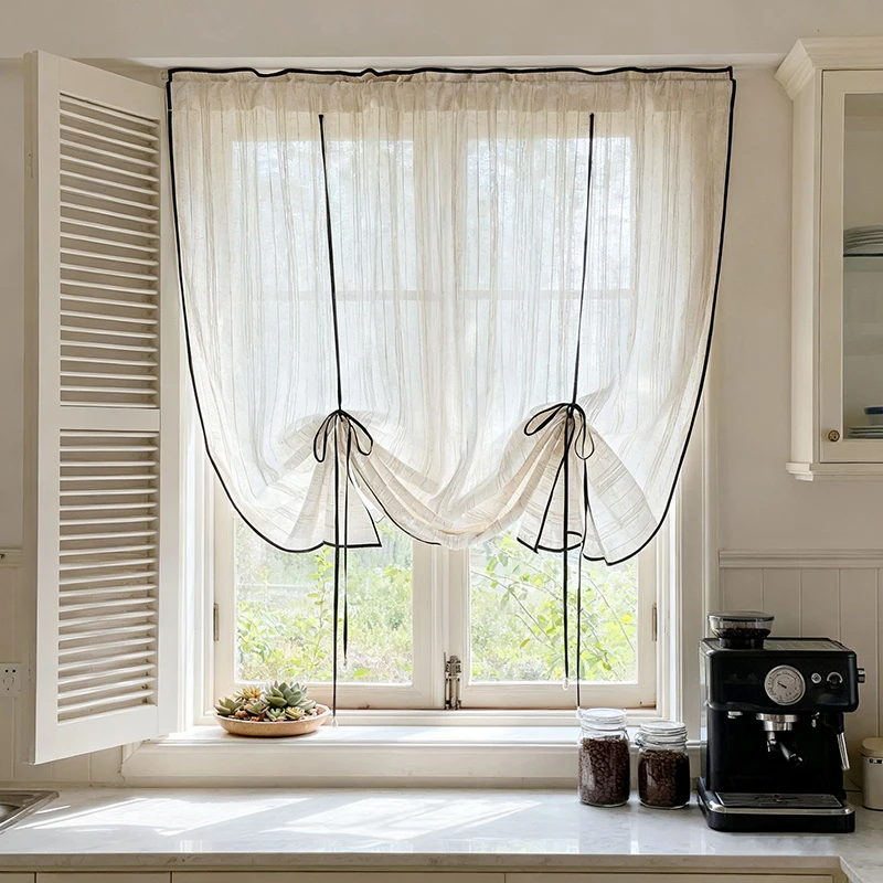 Französischer Retro-gestreifter kleiner Vorhang in Beige, halbtransparent, staubdicht, durchsichtiger Trennwandvorhang für Küche, Wohnzimmer, Tür – Detail 6
