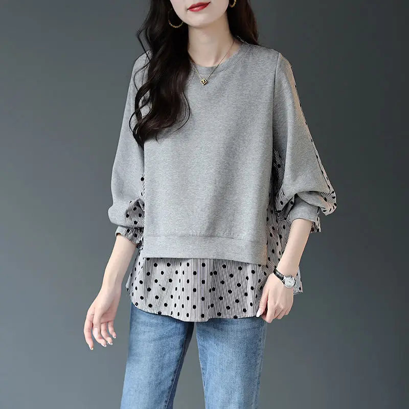 Fashion Printed Button Spliced Polka Dot Asymmetrical Blouse Women's Clothing 2022 Autumn Casual Pullovers Fake Two Pieces Shirt