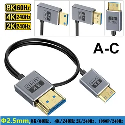 Coaxial hdmi Super Extreme Slim 8K@60Hz Mini HDMI to HDMI--Compatible 2.1 Cable Ultra High Speed 48Gbps Thin HDMI Cord Φ2.5mm,4K