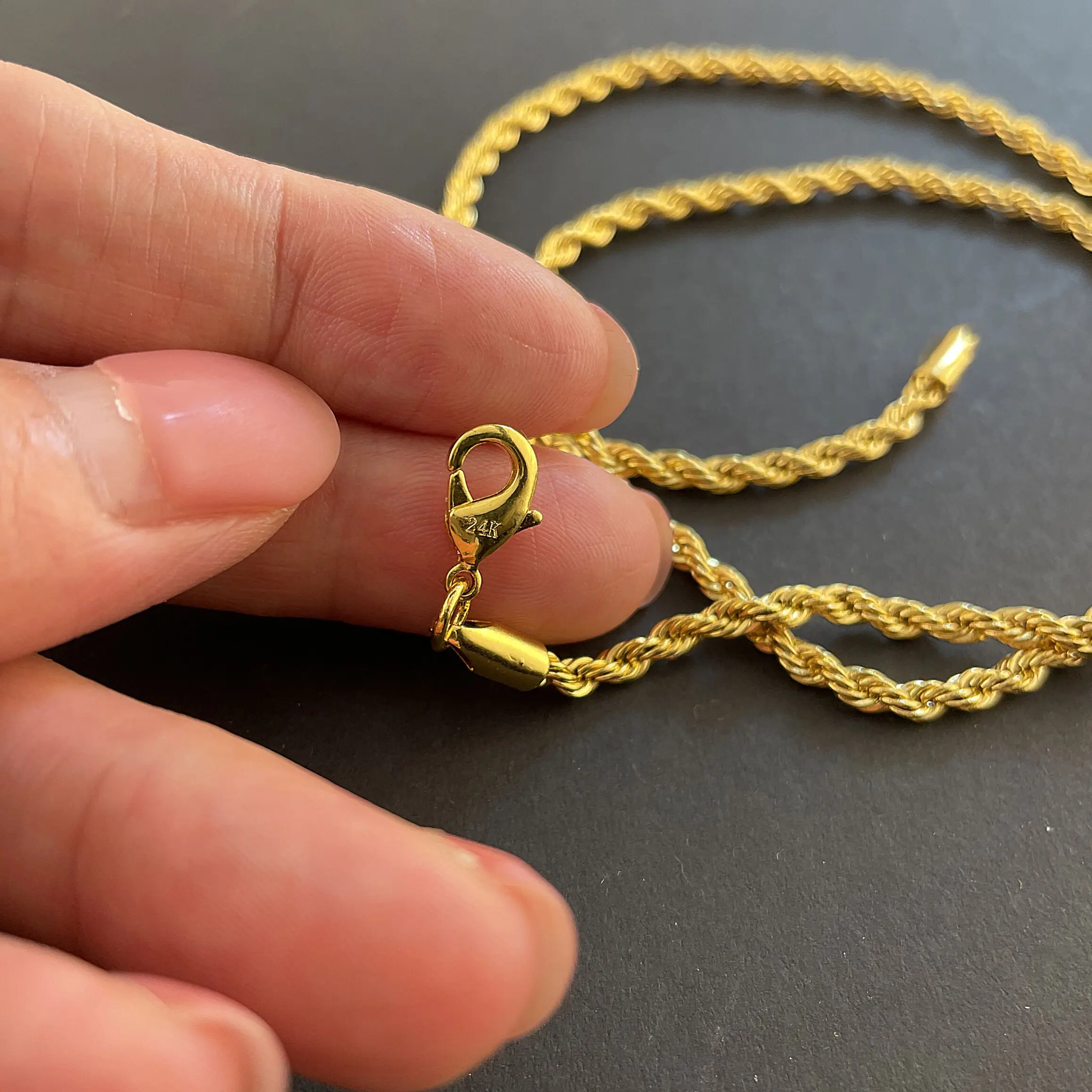 Hip Hop 24K Gold Color Necklace 3MM Twisted Rope Twist Electroplating Gold Necklace for Men & Women Wedding Jewelry Gifts