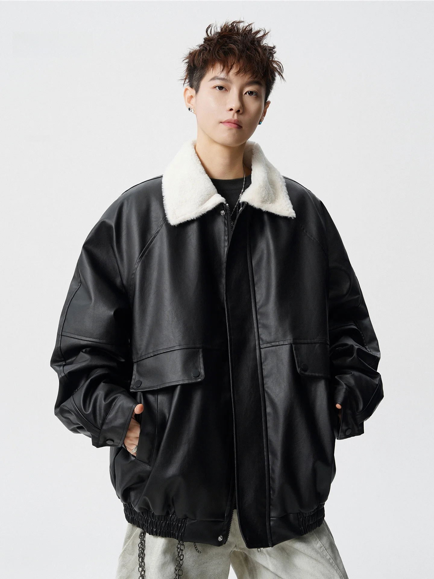 

Retro American Sle Thiened Warm Windproof Cotton Jaet PU Leather Collar Men's Winter Workwear Coat Large ket Design