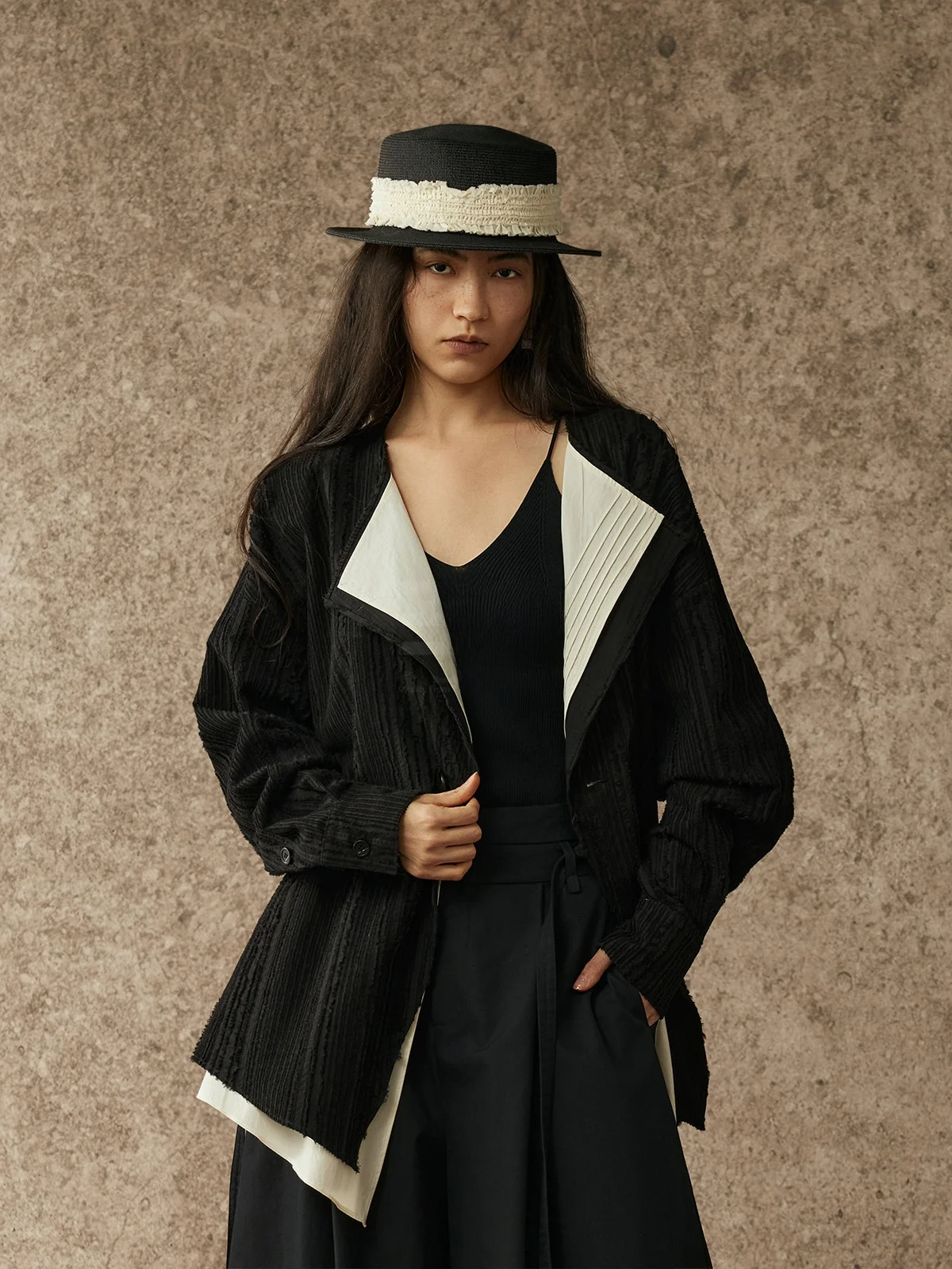 

Catalpa Lew Black White Decomposition Pioneer Stand Collar Long Sleeve Cotton Jacket Women's Loose Fit Fashionable Coat