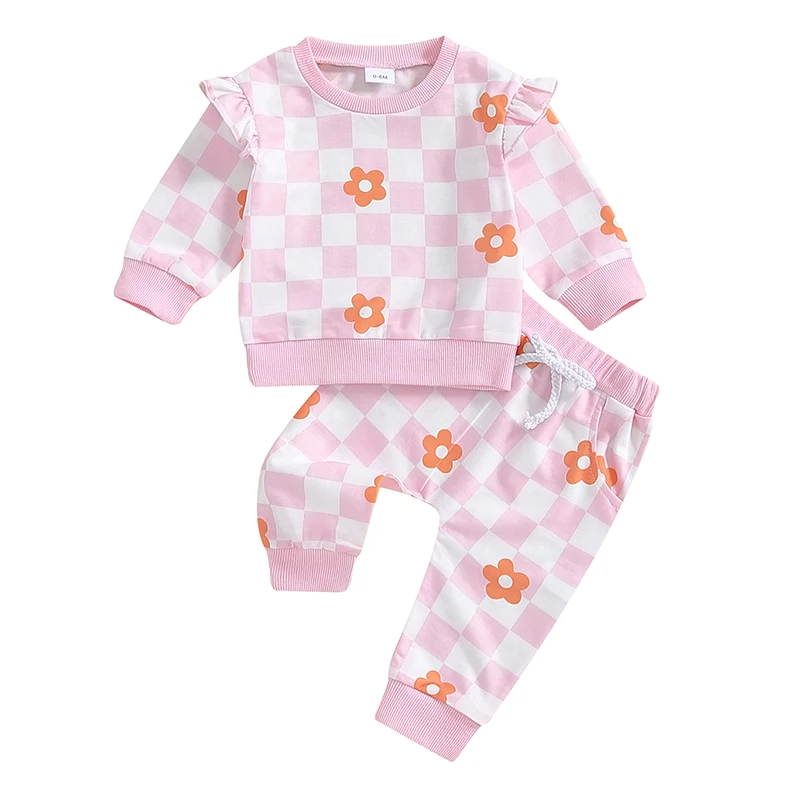 Baby Girl 2Pcs Fall Outfits Long Sleeve Checkerboard Floral Print Sweatshirt Pants Set Toddler Clothes