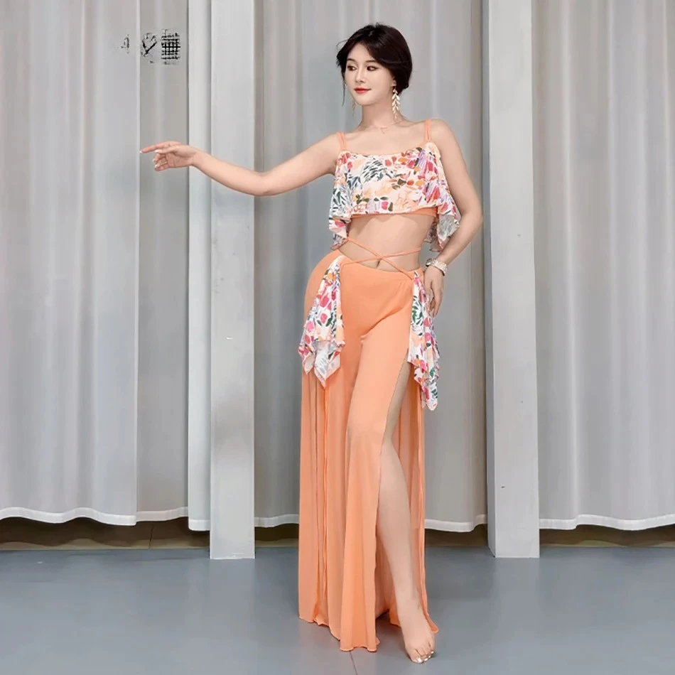 Adult Women Stage Performance Worksuit Practice Clothes Performance 2 Pcs Set Top and Skirt Belly Dance Costume Dress Suit