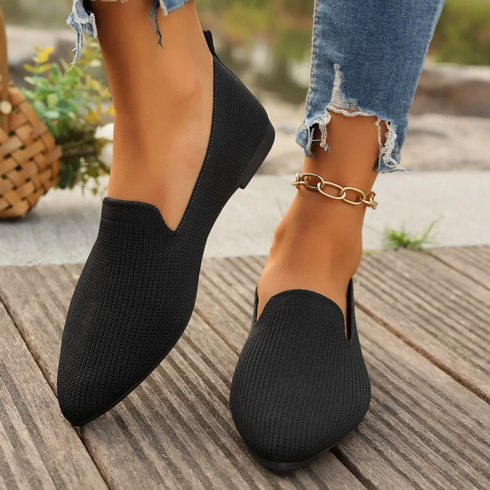Women Knit Fabric Pointed Toe Flat Loafers Slip‑On Breathable Casual Shoes Ladies Lightweight Soft Sole Daily Walking Moccasins