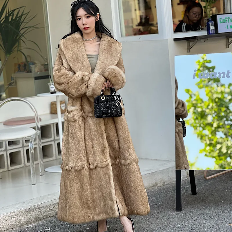 2023 Winter Women Red Real Rabbit Fur Coats Natural Whole Skin Rabbit Fur Long Jackets Overcoat Luxury Winter