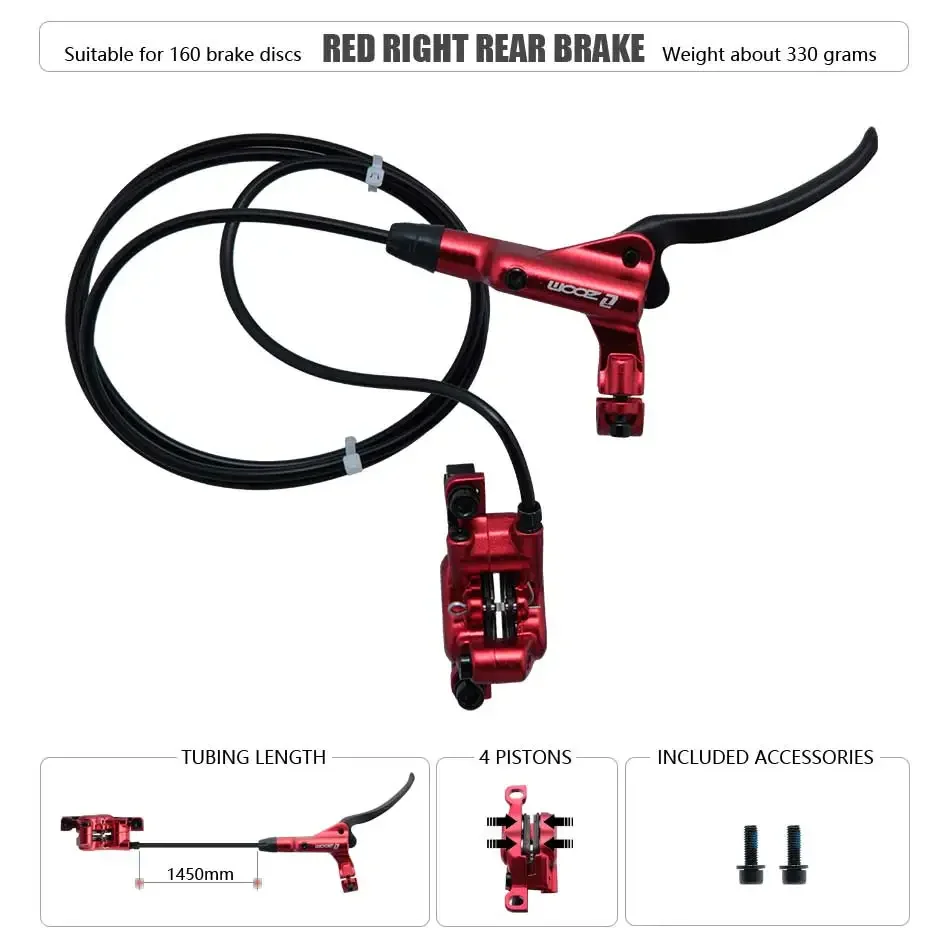 Zoom HB-876 4 Zuiger Opvouwbare Mountainbike Schijf Hydraulische Rem Set Voor 800 Achter 1400 Mm Mtb Fiets Kramp Rode Fietsonderdelen