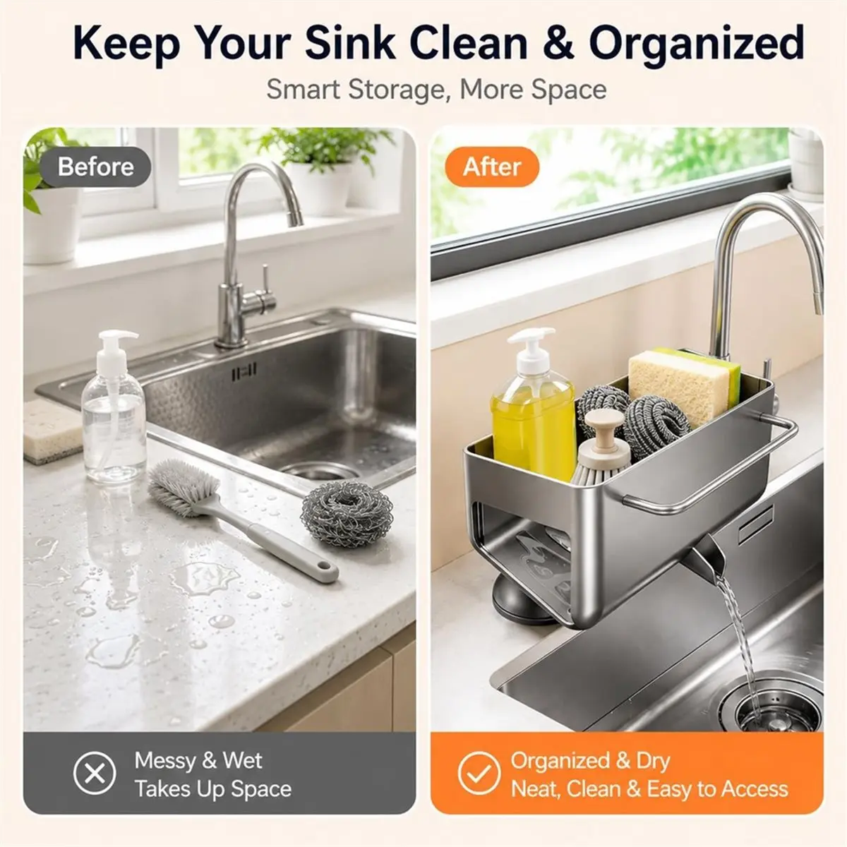 Sponge Holder for Kitchen Sink, 45° Tilted Self Draining Sink Caddys Organizer with Towel Bar, Waterproof Rustproof