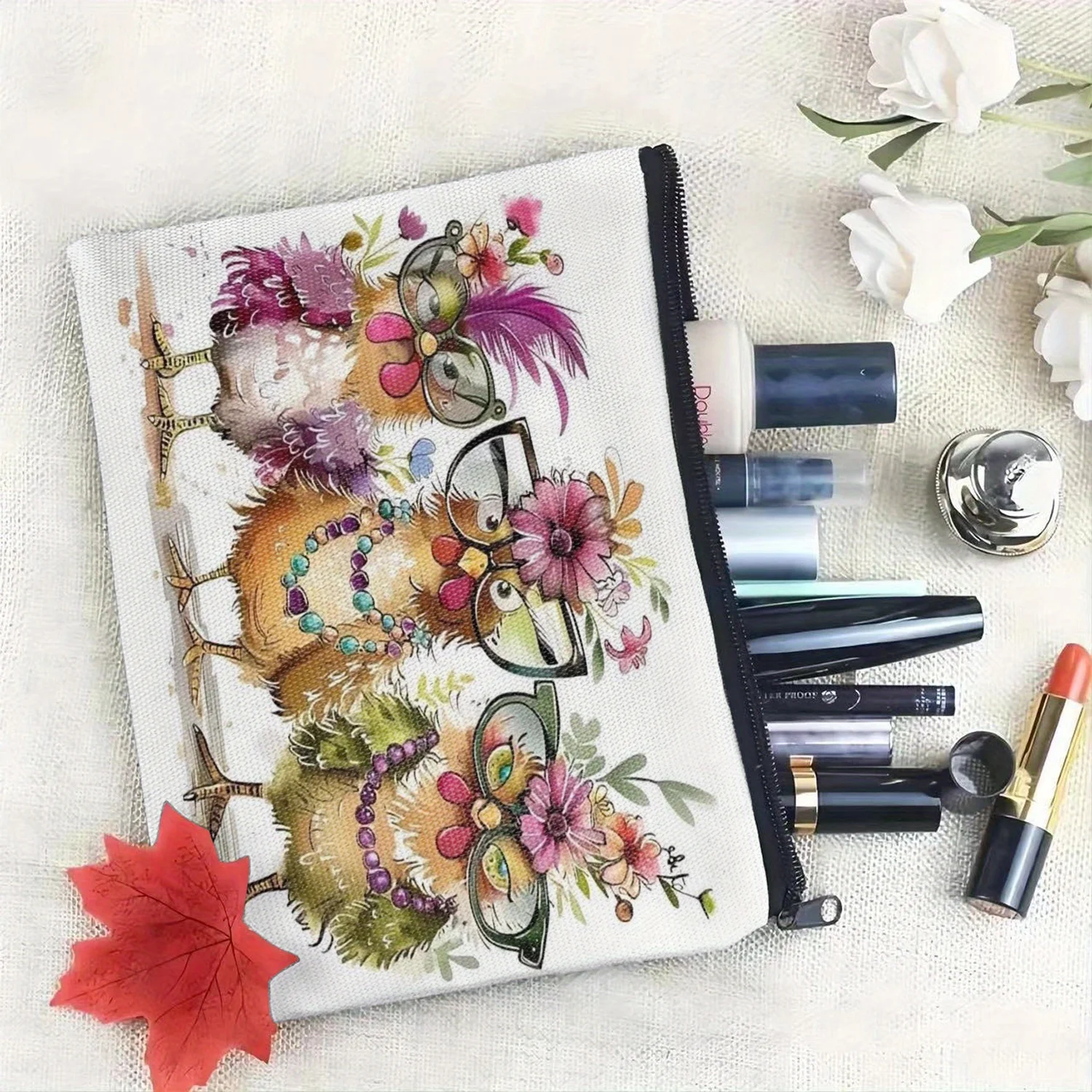 Colorful Three Little Chicks Linen Makeup Bag, Safe Zipper, Odorless, Multifunctional Travel Portable Makeup Bag, Toiletry Bag