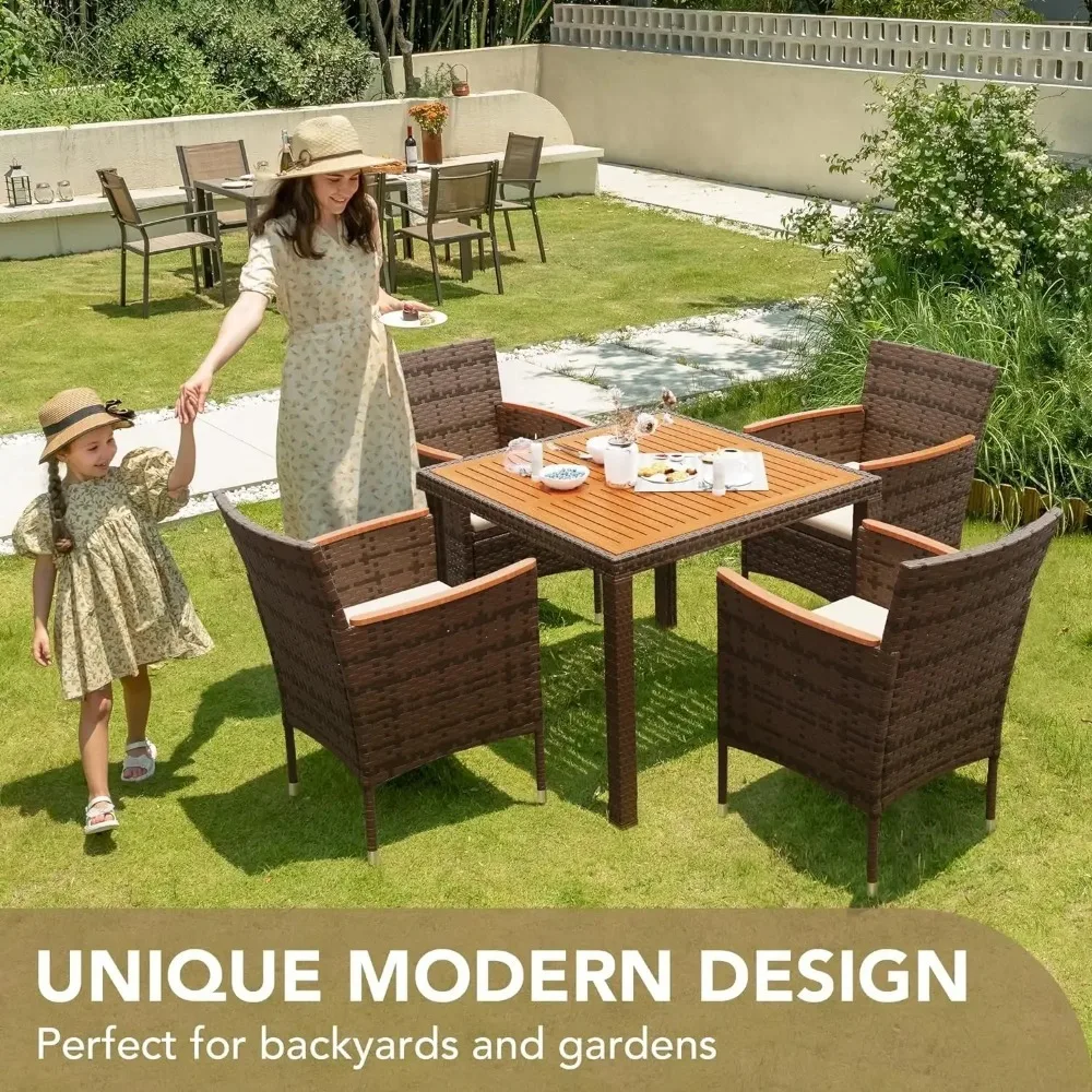 Patio Conversation Set with Acacia Wood Top, Rattan Outdoor Dining Table and Chairs for Backyard, Garden, Deck image 4