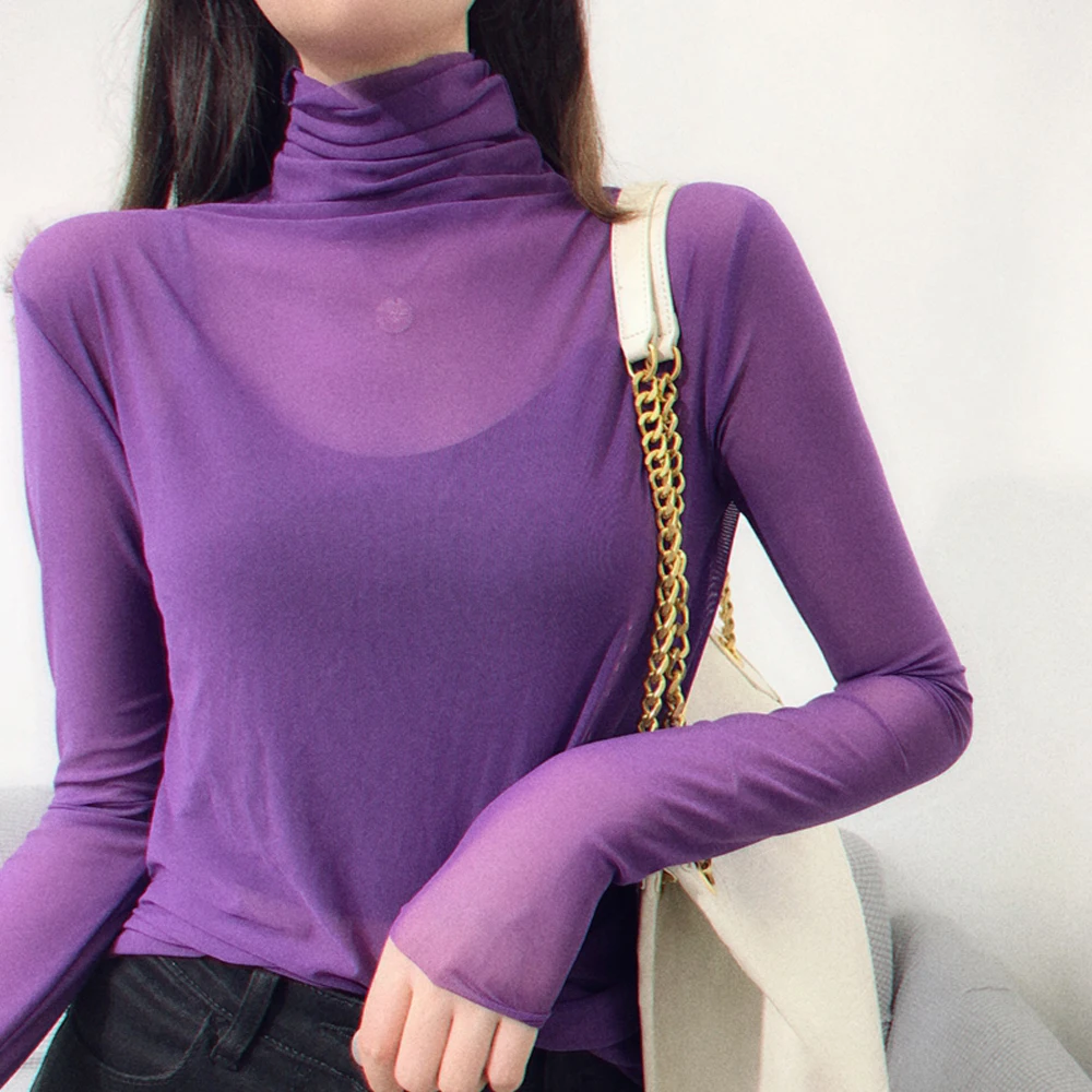 Women Transparent Elastic Shirt Lace Blouse Black White Purple Orange Green Female Bottoming Blouses S-2XL Size Kawaii T Shirt