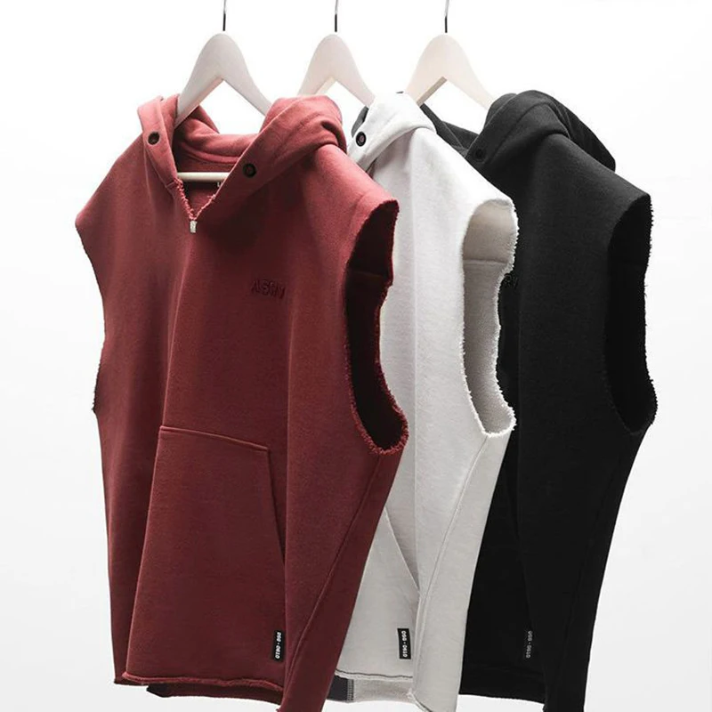 Summer Men Sleeveless Hooded Sweatshirts Korean Fashion Solid Absorb Sweat Breathable Oversized Clothing Sports Fitness Tank Top