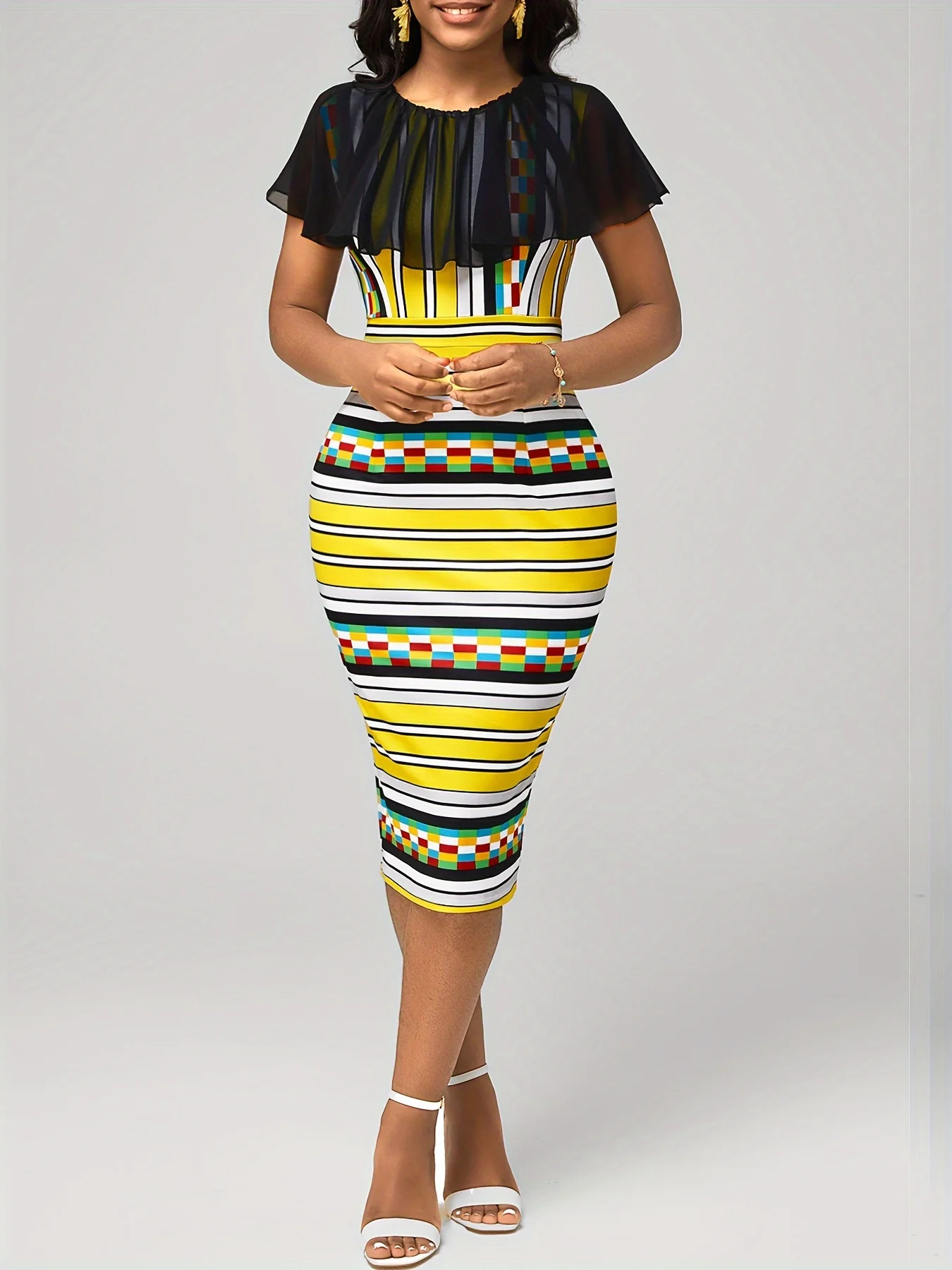 Women Elegant Summer Round Neck Short Sleeve Stripes Print Mesh Work Office Knee Length Dress Bodycon Pencil Skirt