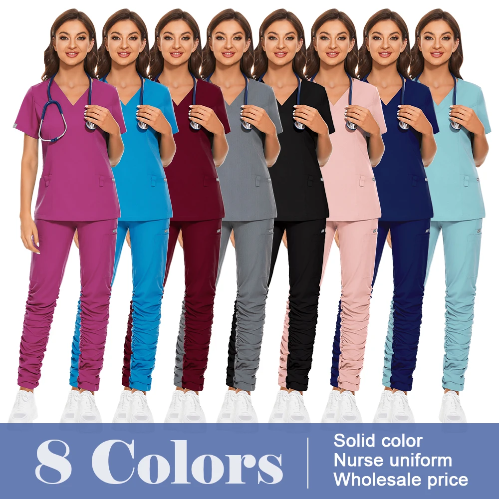 Heißer Verkauf Pflege medizinische Peeling Uniform V-Ausschnitt Krankenhaus uniformen Kurzarm Tops Jogger hose Arbeits kleidung Frauen Spa Schönheits uniform