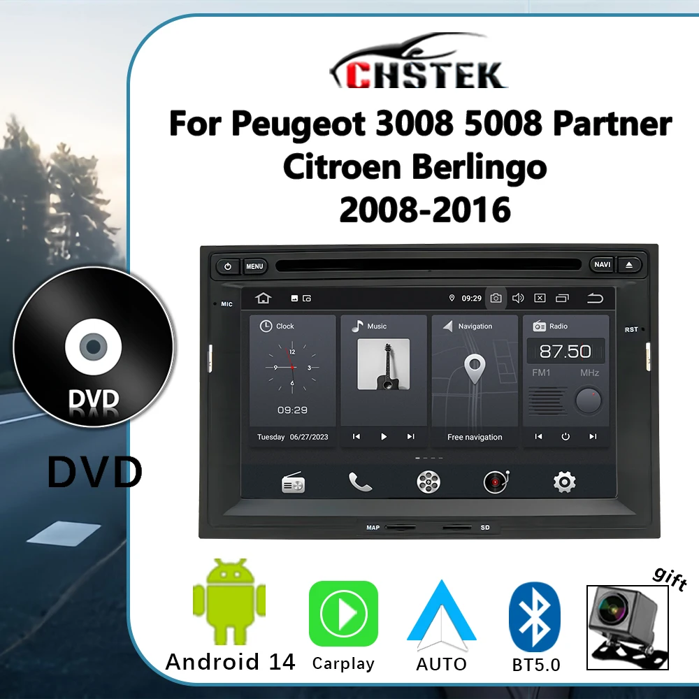 

CHSTEK DVD Car Radio Android 14 for Peugeot 3008 5008 Partner Citroen Berlingo 2 2008-2016 Bluetooth CarPlay Multimedia WIFI GPS